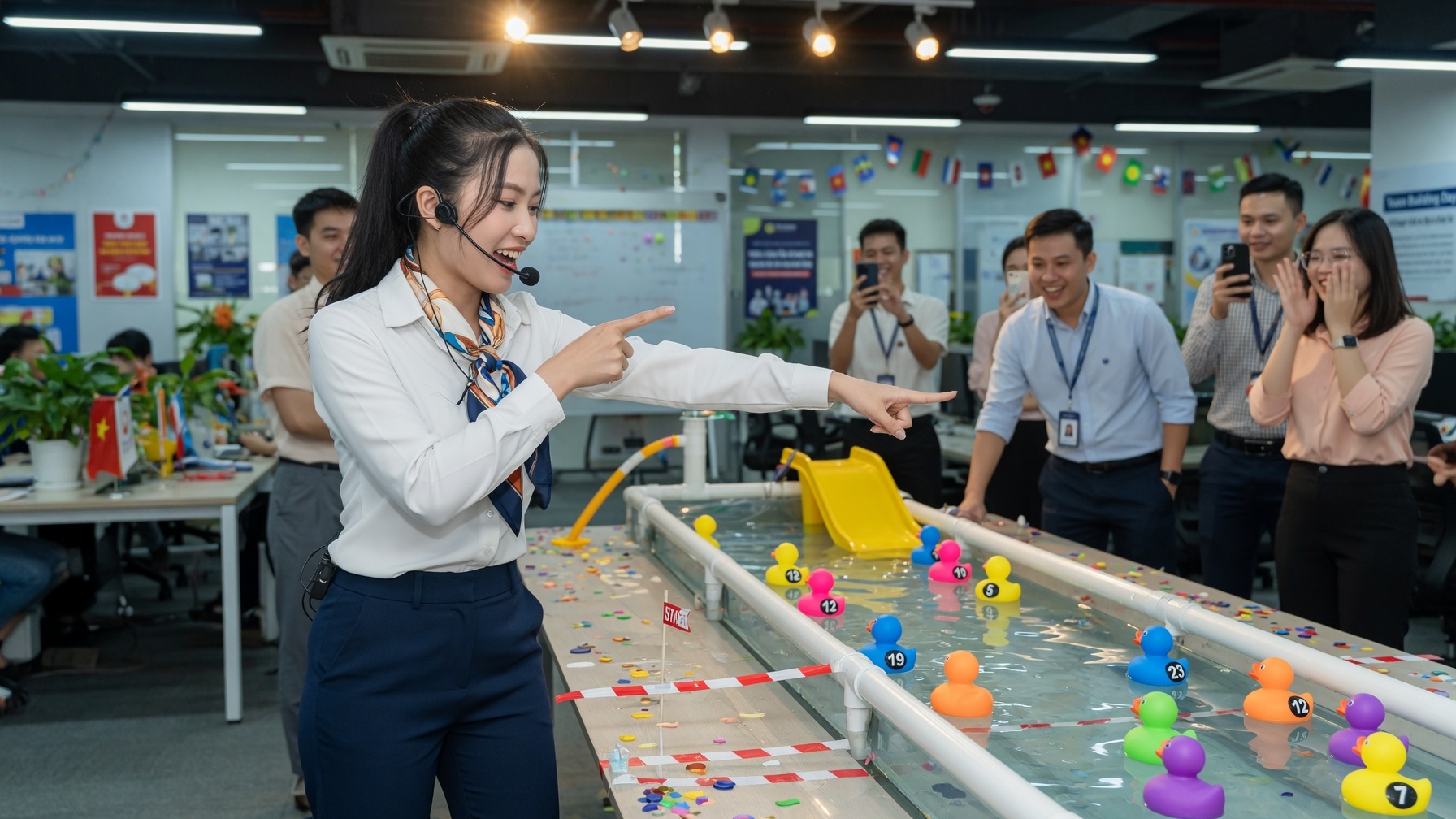 MC giải thích luật Duck Race trước khi thả vịt