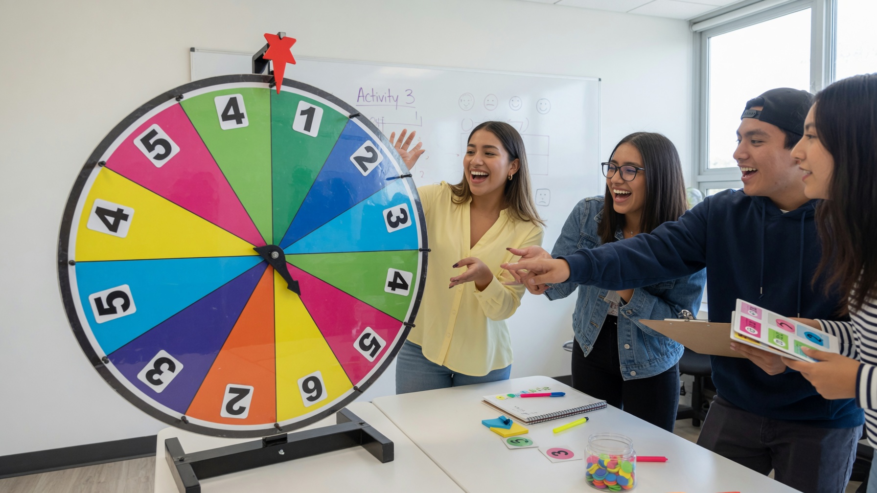 Nhóm bạn chơi board game dùng vòng quay số ngẫu nhiên thay vì gieo xúc xắc