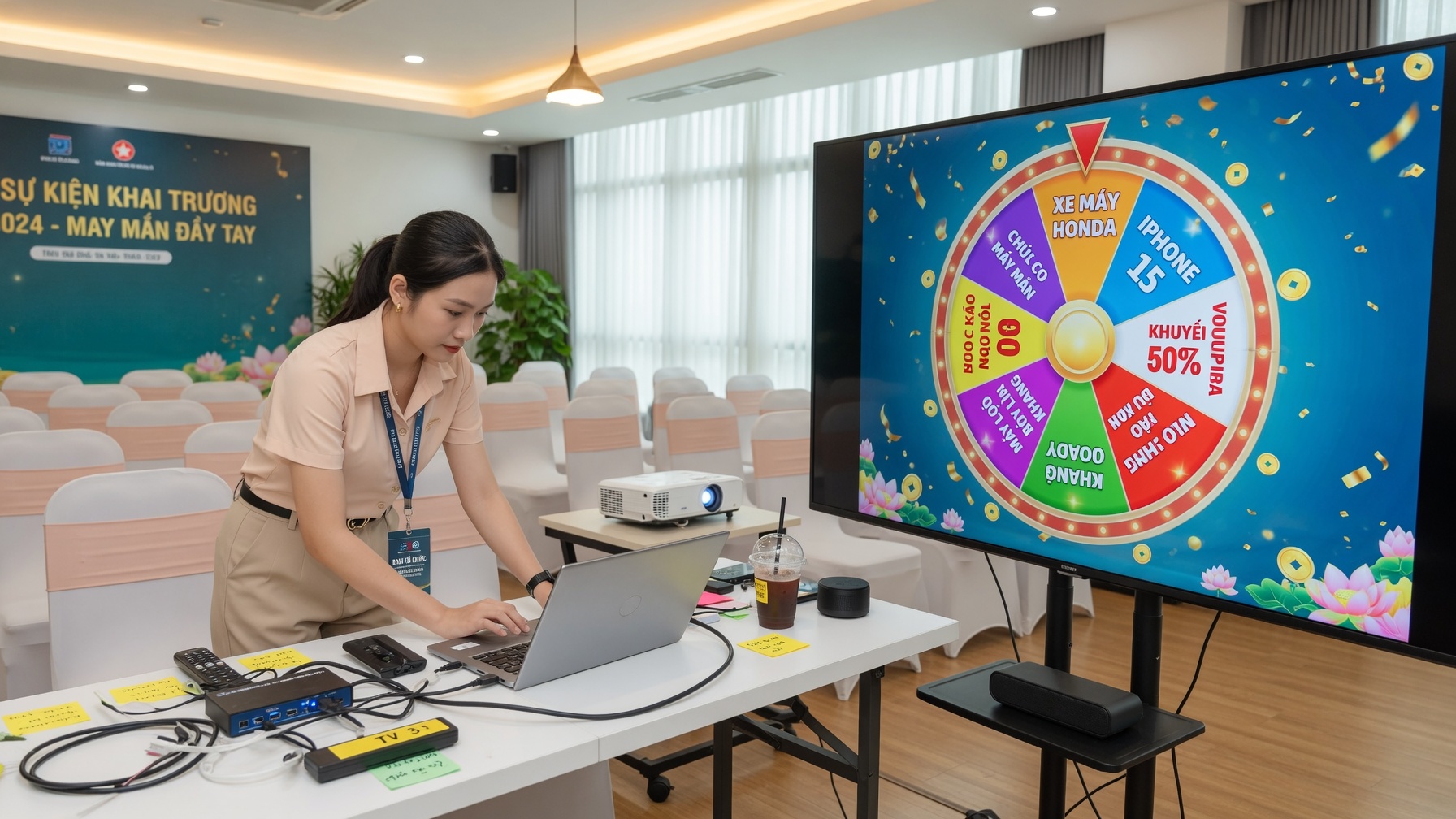 Chuẩn bị màn hình lớn và thiết bị cho buổi quay vòng quay may mắn tại sự kiện