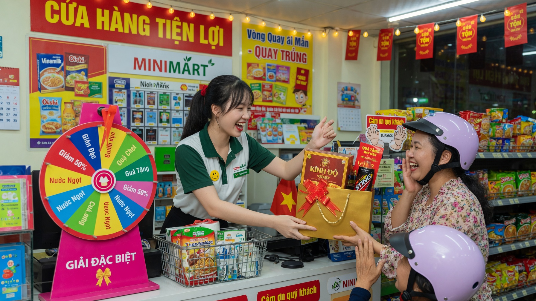 Cửa hàng nhỏ tri ân khách hàng bằng vòng quay may mắn tại quầy