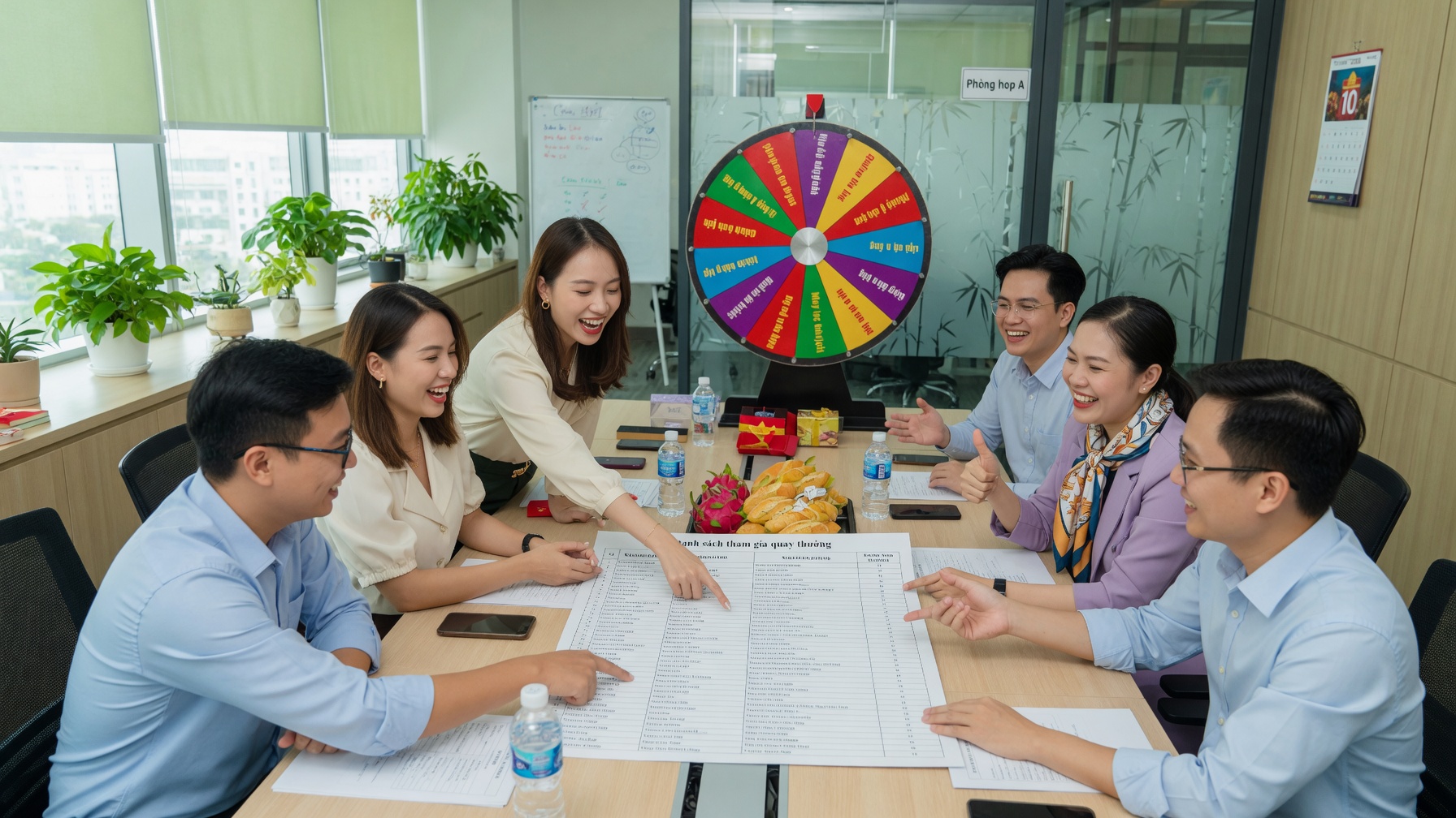 Bàn sự kiện với vòng quay may mắn, checklist tên và danh sách giải thưởng đã sắp xếp sẵn