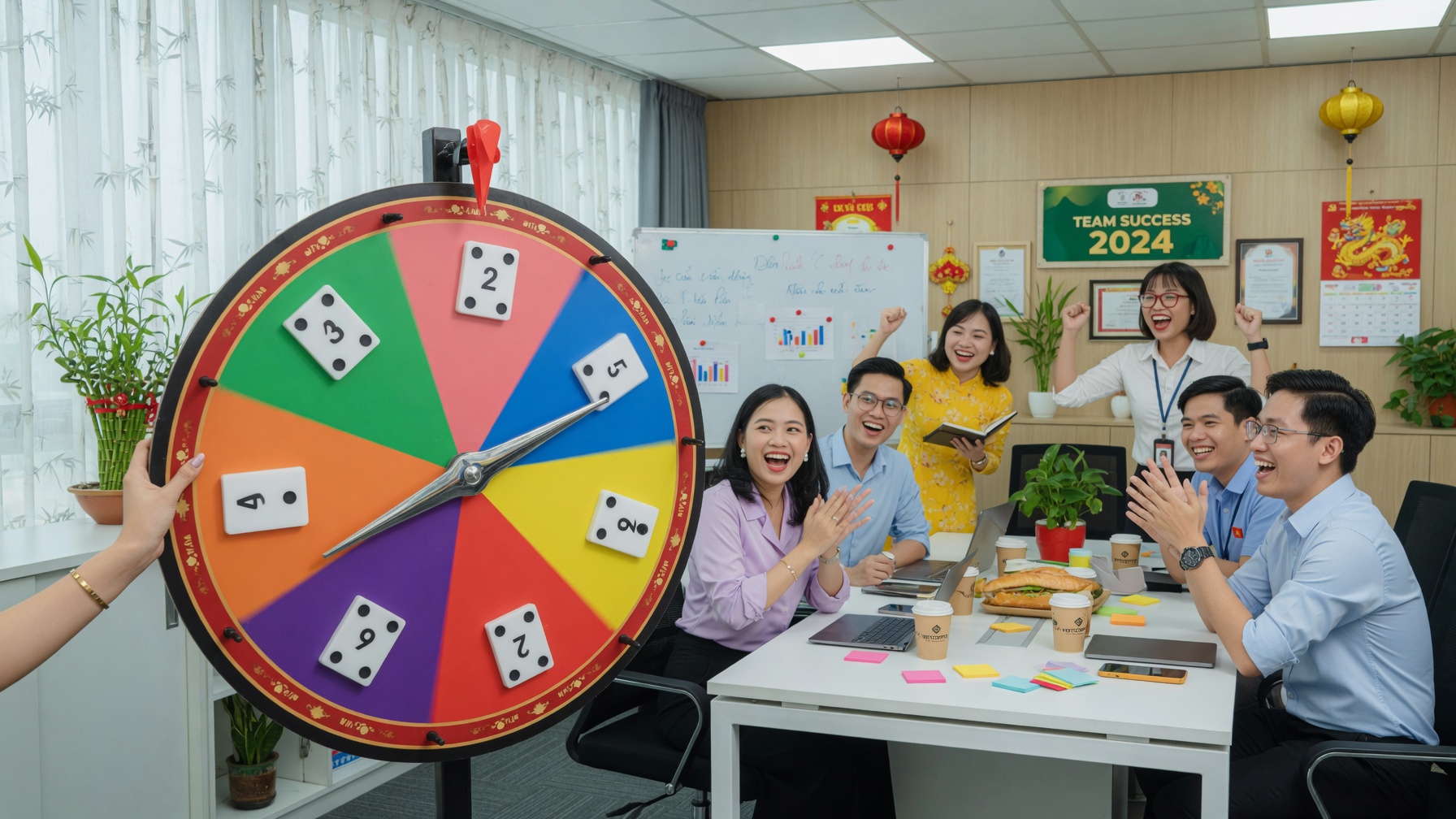 Dùng vòng quay số ngẫu nhiên thay xúc xắc tại văn phòng