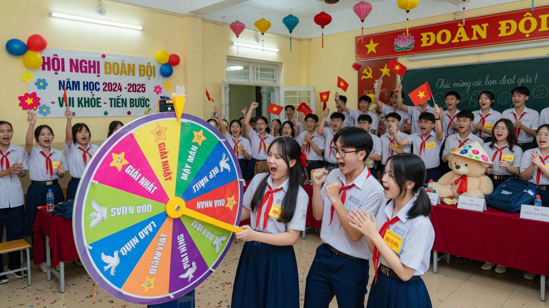 Học sinh hào hứng quay vòng may mắn trong sinh hoạt Đoàn Đội