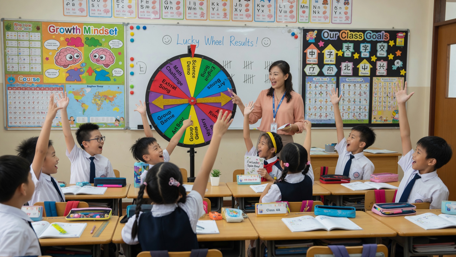 Học sinh giơ tay hào hứng tham gia hoạt động vòng quay may mắn trên lớp