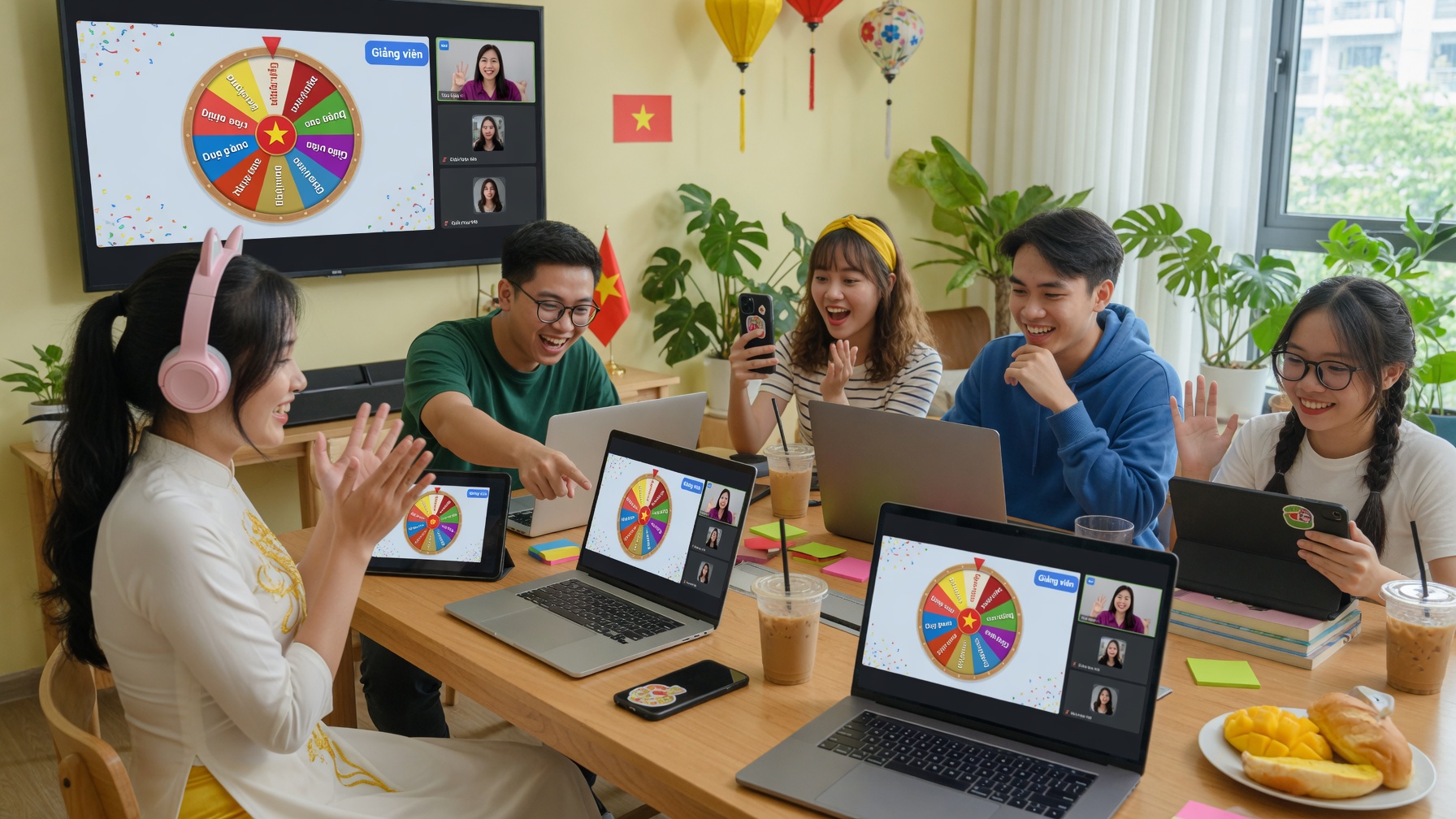 Học sinh tương tác vui vẻ với vòng quay may mắn trong lớp học online