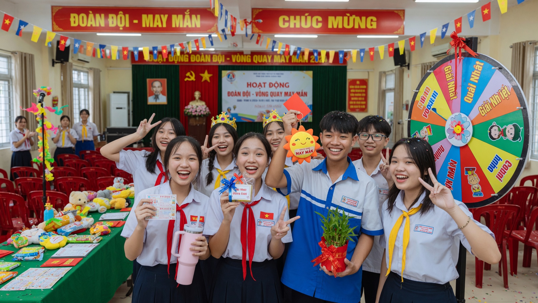 Học sinh vui vẻ nhận quà từ vòng quay may mắn tại sinh hoạt Đoàn Đội