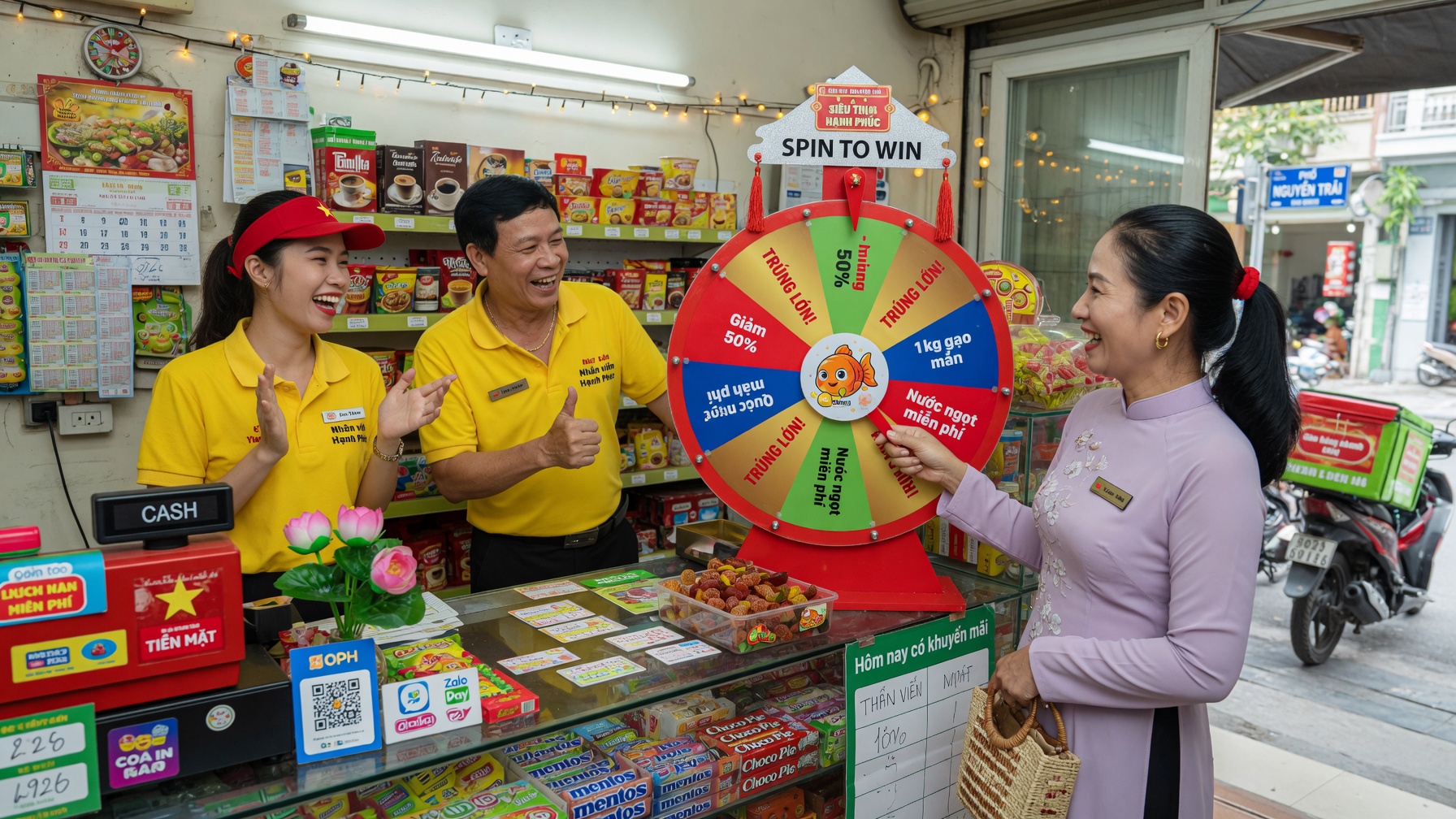 Khách hàng quay vòng may mắn tại quầy cửa hàng nhỏ nhận quà tri ân