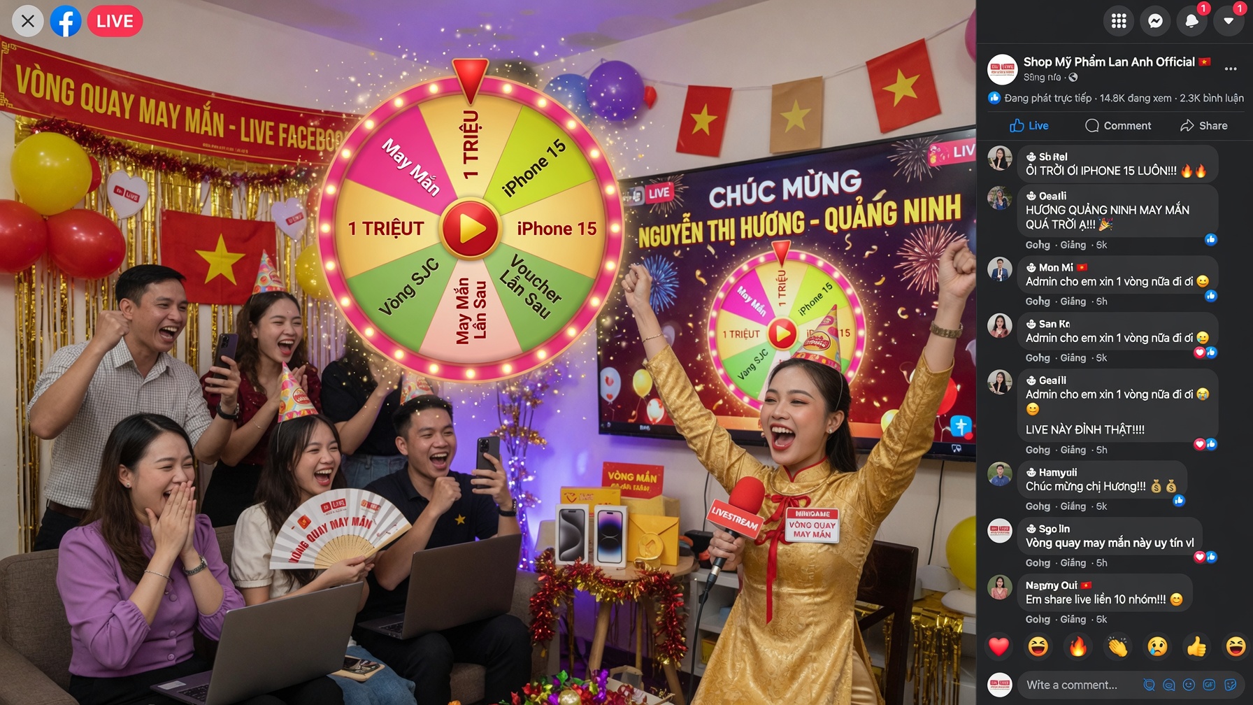 Không khí livestream vòng quay may mắn minigame hấp dẫn trên fanpage