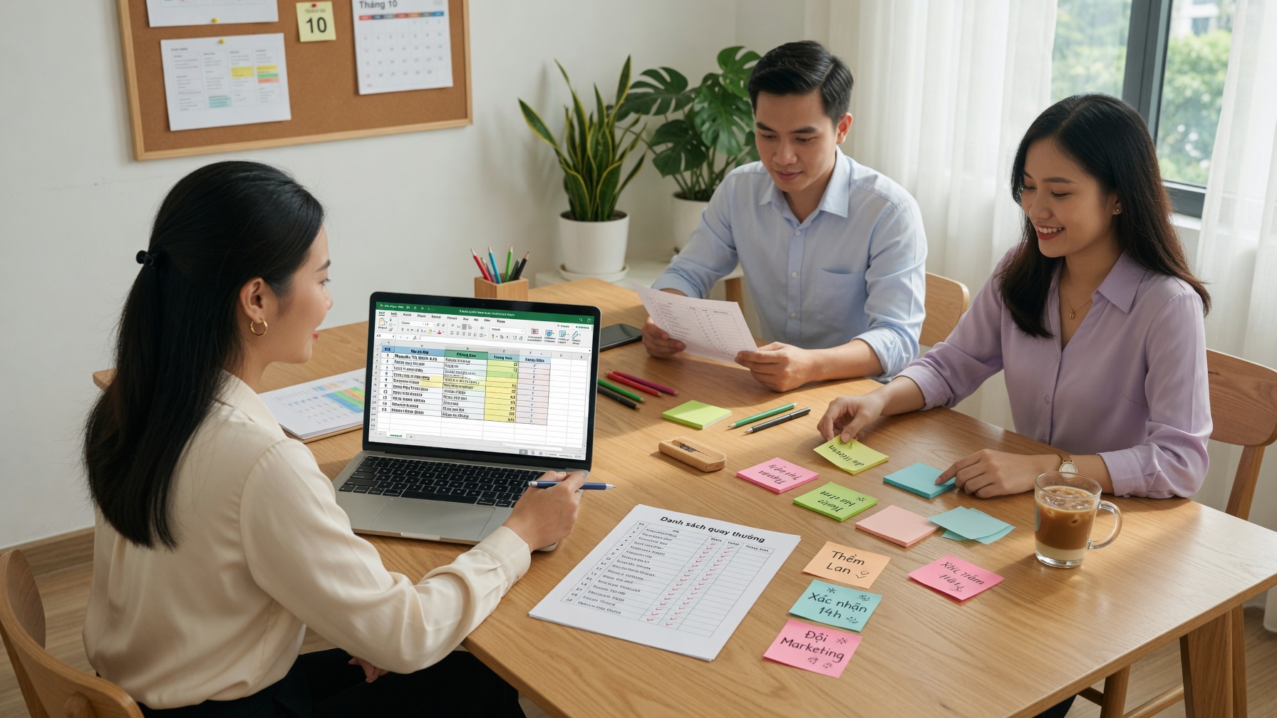 Nhóm nhân viên họp lập danh sách quay thưởng vòng quay may mắn trên laptop và giấy