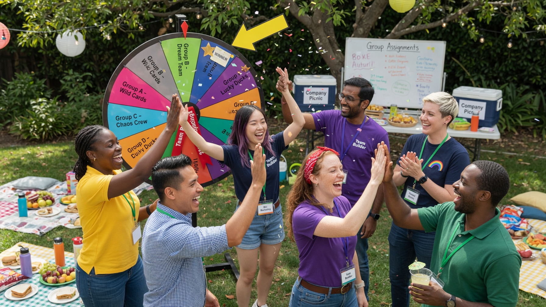 Đội nhóm vui vẻ sau khi chơi vòng quay may mắn tại buổi team building