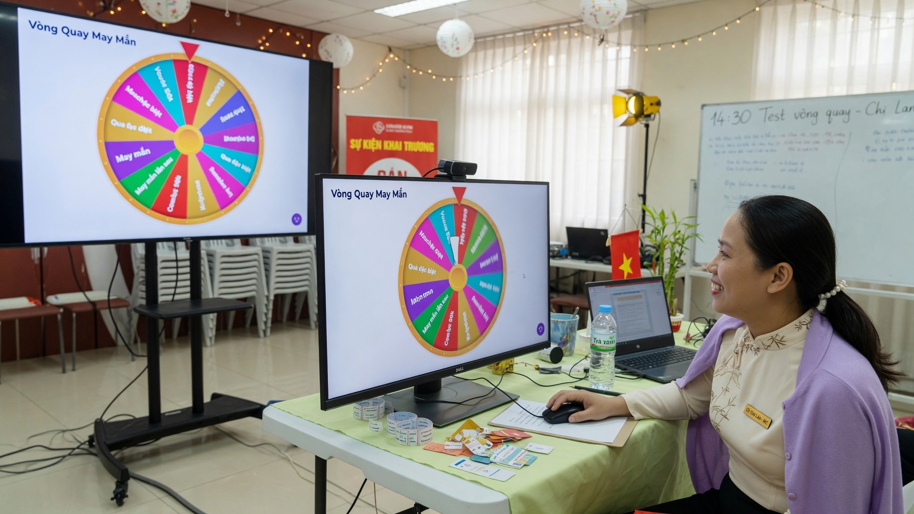 Kiểm tra vòng quay may mắn trên màn hình máy tính và TV lớn trước buổi quay