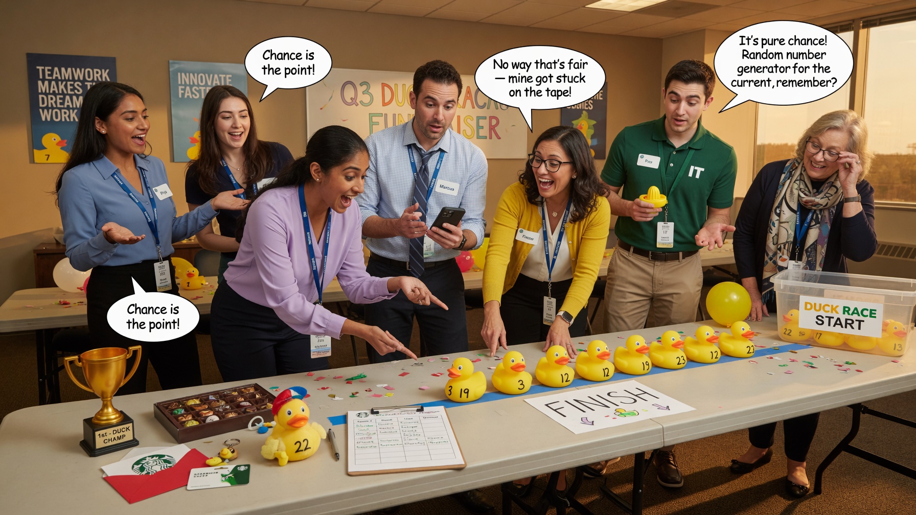 Nhóm thảo luận kết quả Duck Race để hiểu ngẫu nhiên