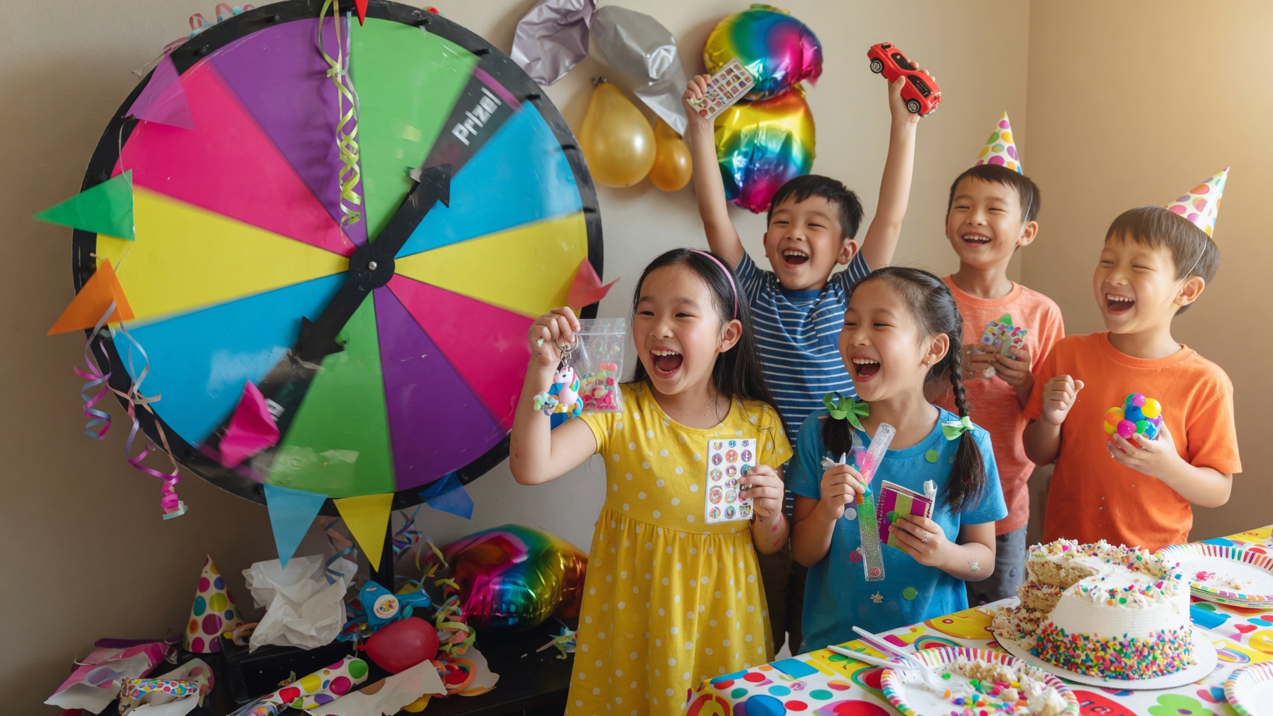 Trẻ em vui vẻ nhận quà từ vòng quay may mắn trong tiệc sinh nhật