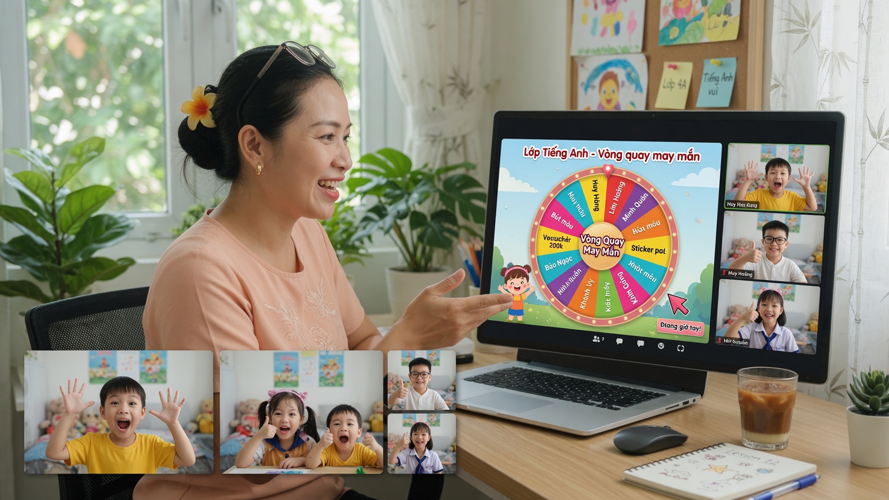 Vòng quay may mắn trên màn hình lớp học online tăng tương tác học sinh