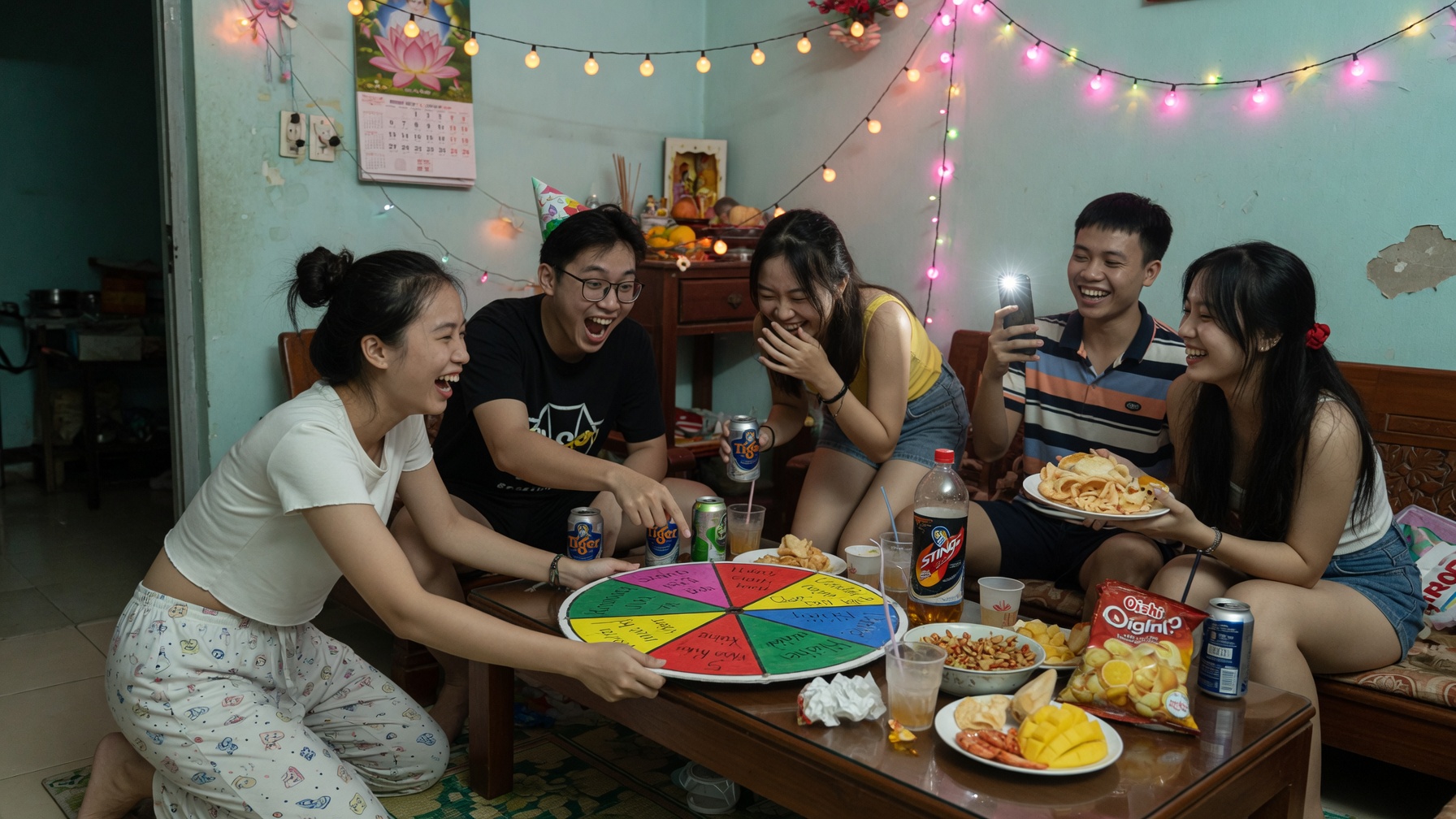 Nhóm bạn quay vòng may mắn tại buổi họp mặt vui vẻ