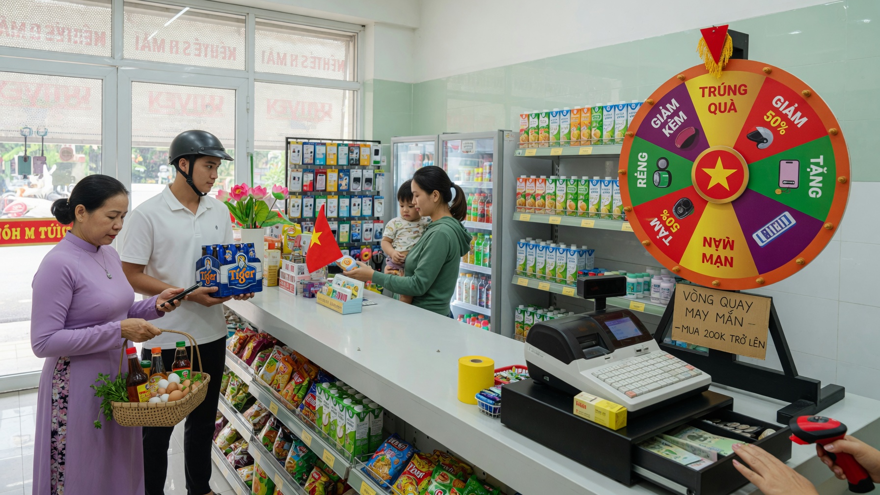 Vòng quay may mắn tại quầy cửa hàng nhỏ