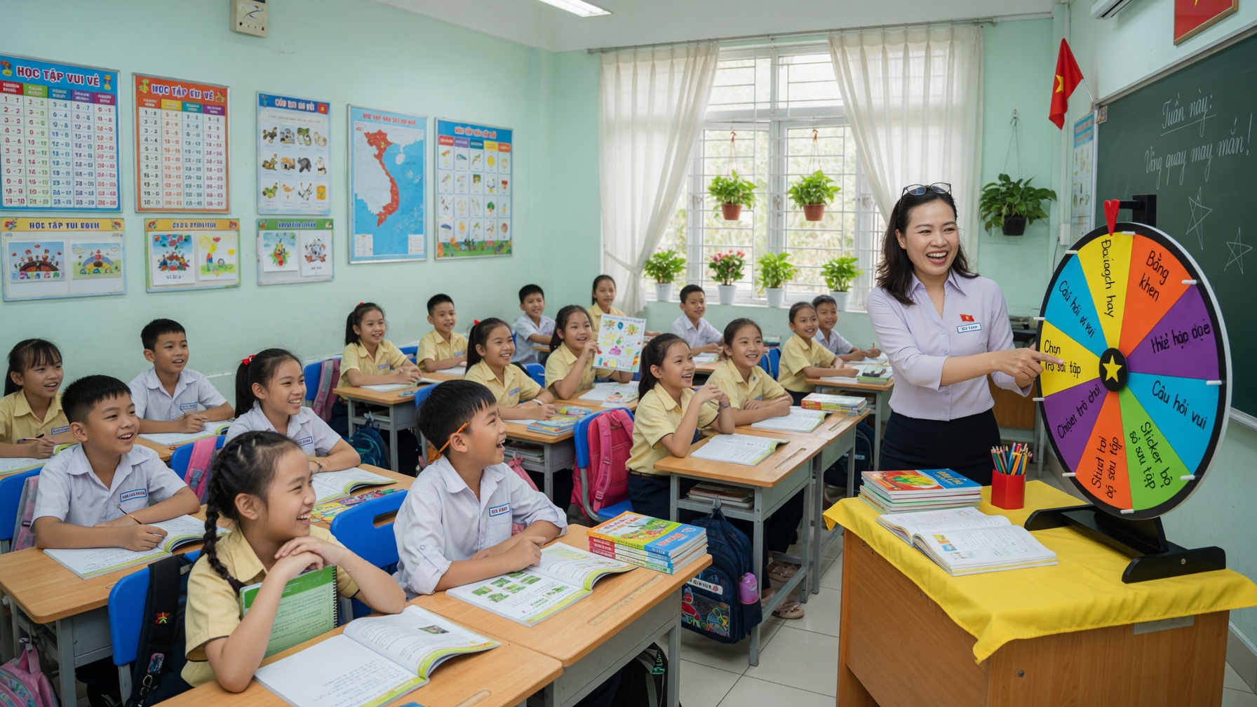 Giáo viên hướng dẫn học sinh dùng vòng quay may mắn trong lớp học Việt Nam