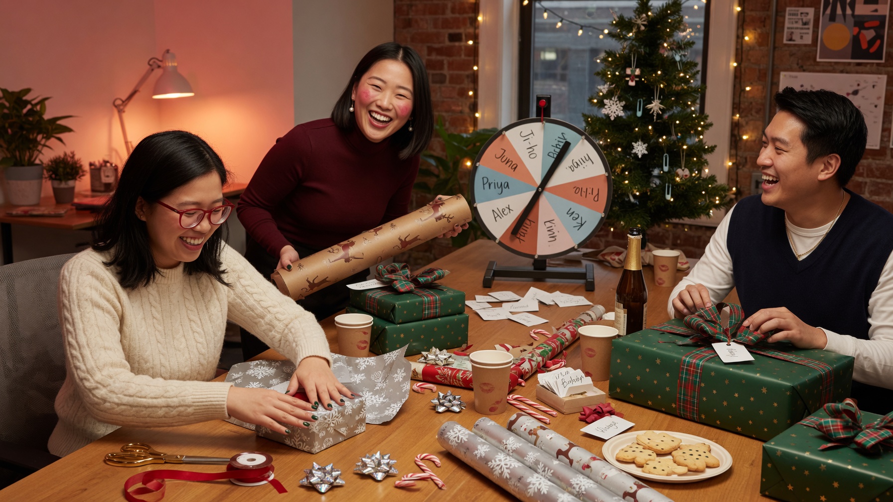 Vòng quay may mắn Secret Santa với tên người tham gia và hộp quà Giáng sinh